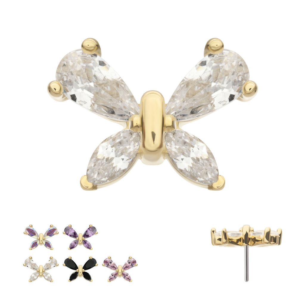 Butterfly with Prong Set Teardrop & Marquise Gem Flatback Stud Earring / Nosering - Gem in 14Kt Yellow Gold