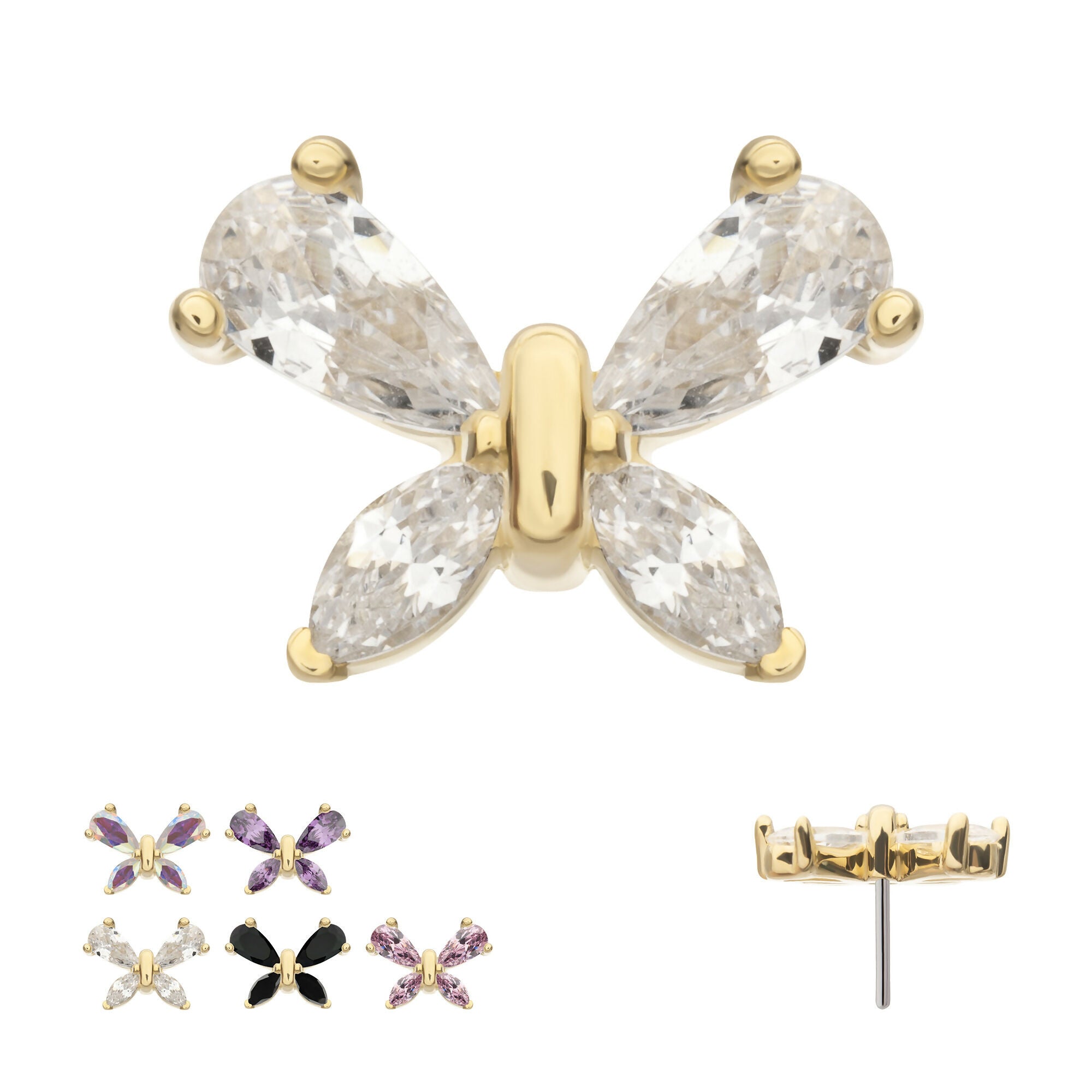 Butterfly with Prong Set Teardrop & Marquise Gem Flatback Stud Earring / Nosering - Gem in 14Kt Yellow Gold