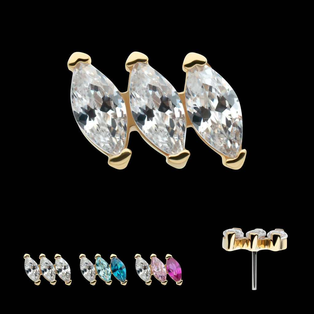 14Kt Yellow Gold Threadless Pronged Marquise CZ 3-Cluster Top