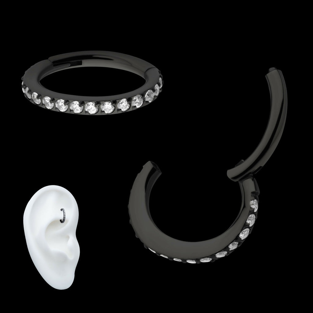 Black PVD Titanium Oval Shape with CNC Set Full Clear CZ Hinged Segment Clicker Hoop Earring / Nosering