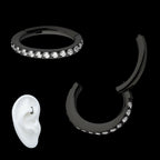 Black PVD Titanium Oval Shape with CNC Set Full Clear CZ Hinged Segment Clicker Hoop Earring / Nosering