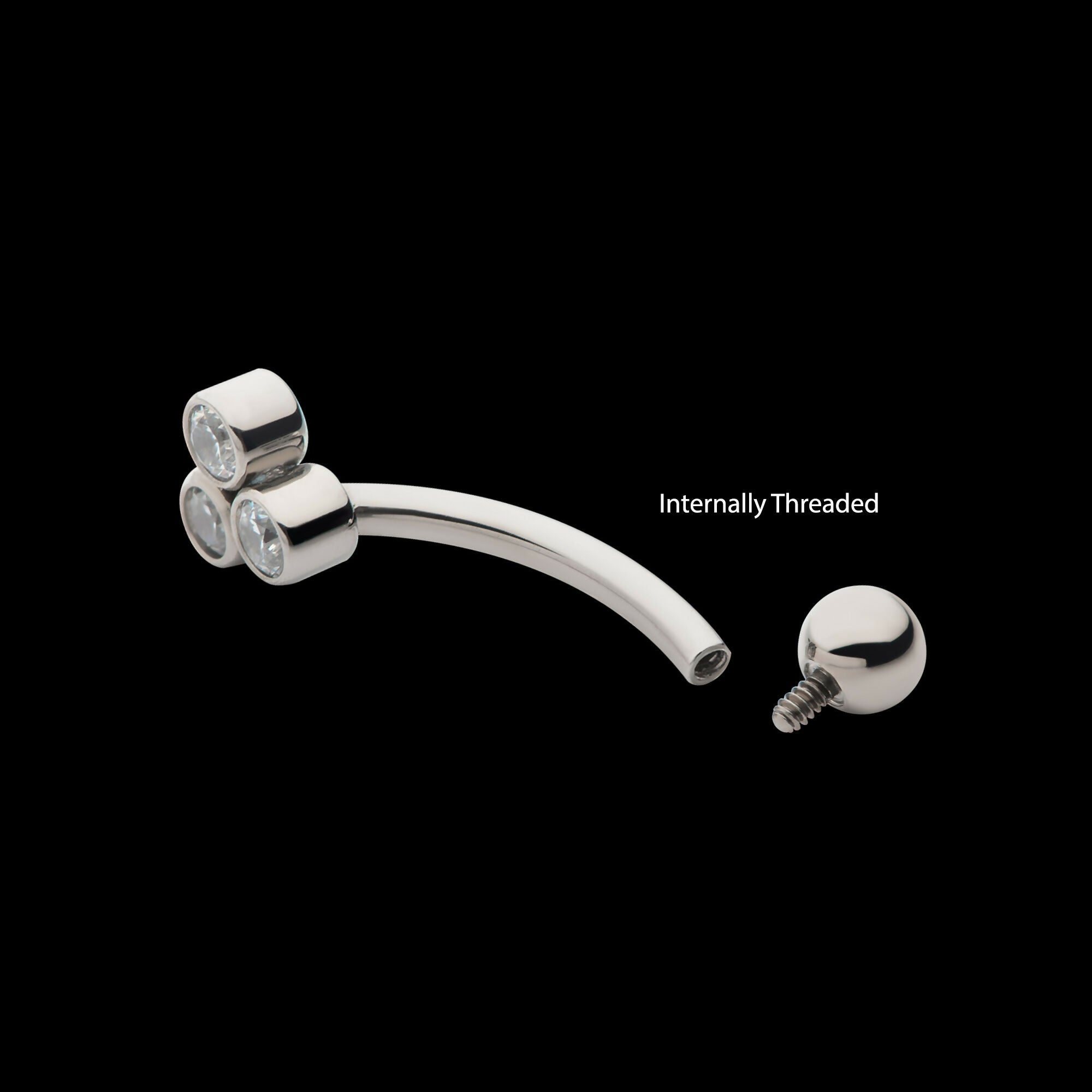 Internally Threaded Bezel Round CZ Trinity Fixed Top Curved Barbell Earring / Nosering – Titanium