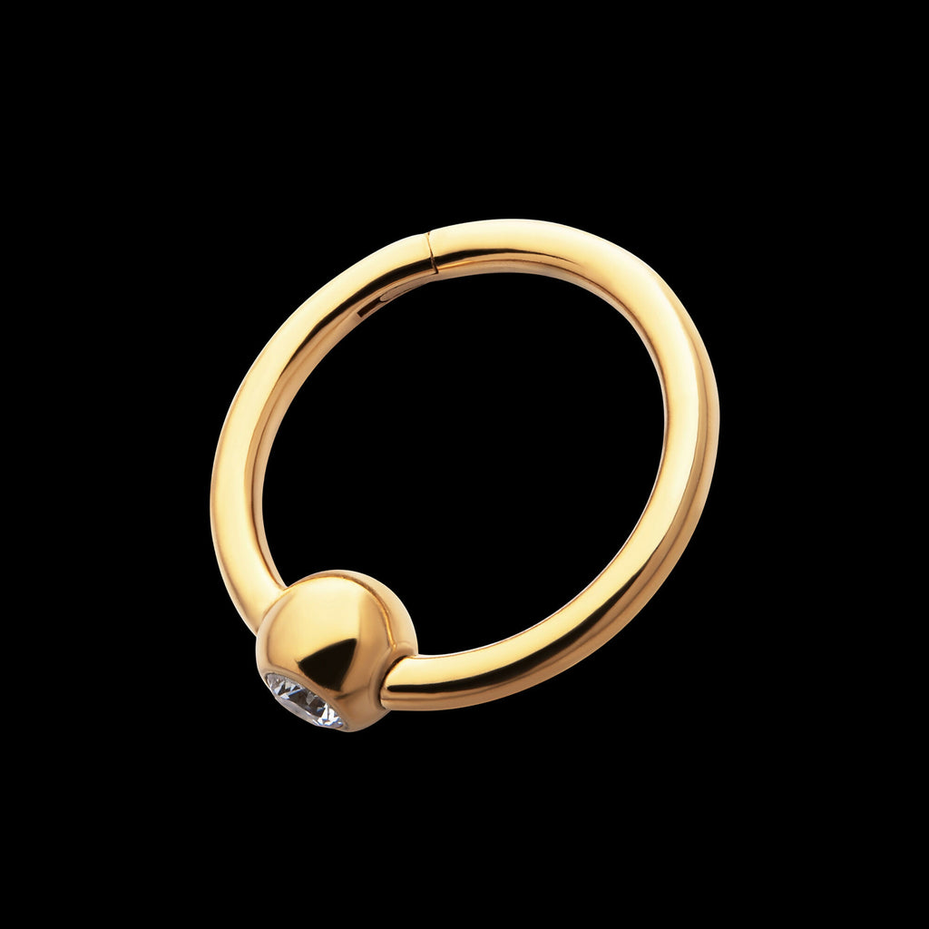24Kt Gold PVD Titanium Bezel Set Round Gem Side Facing Hinged Segment Clicker Hoop Earring / Nosering