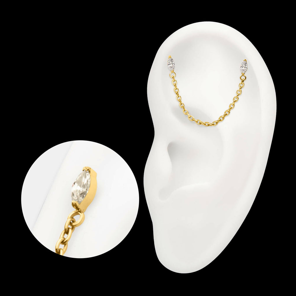 24Kt Gold PVD Titanium Threadless Double Prong Set Marquise Gem Top with Rolo Chain Dangle