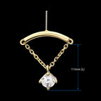 14Kt Gold Threadless Hidden Helix Curved Bar Top with Gem Chain Dangle