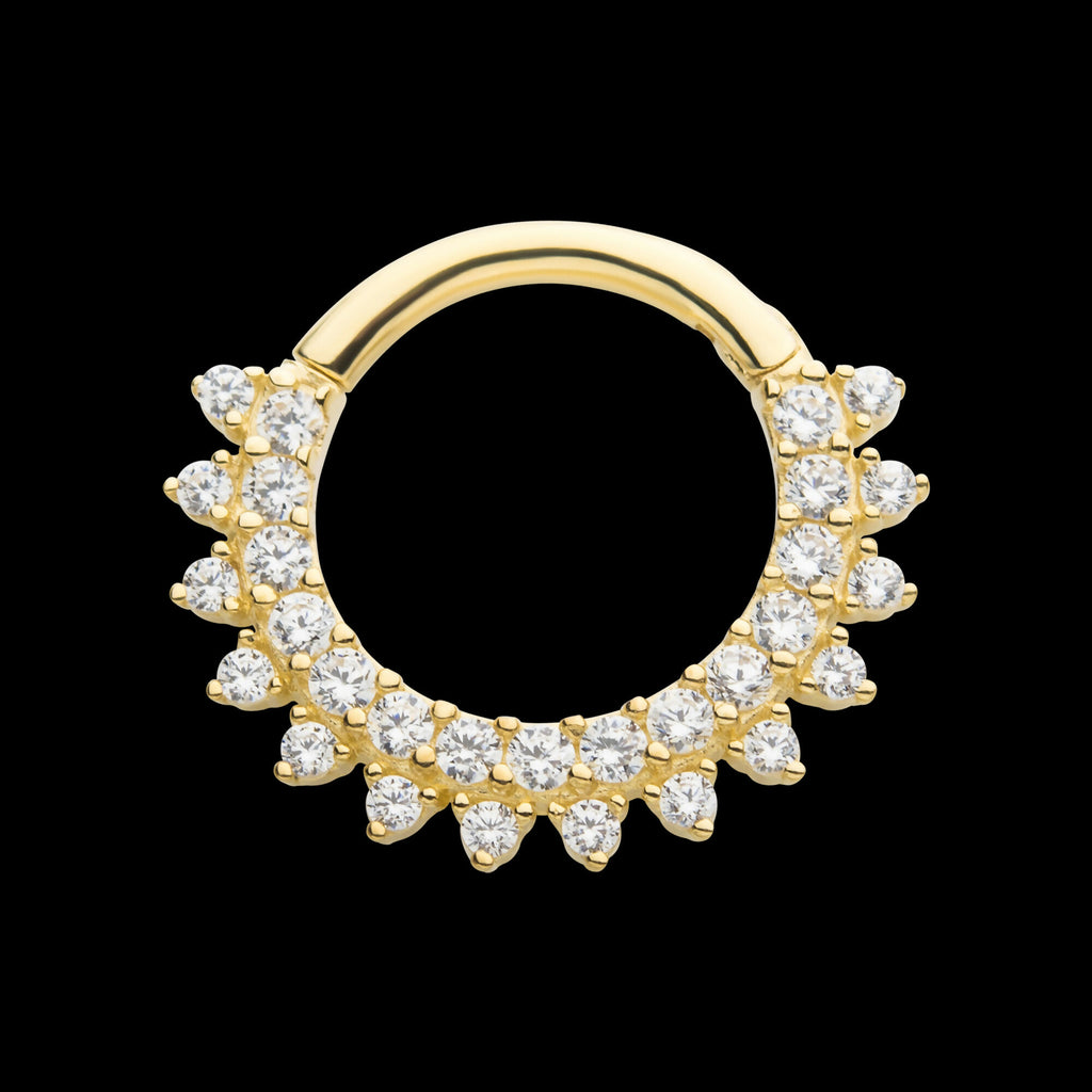Two Row Prong Set Gem Cluster Front Facing Hinged Segment Clicker Hoop Earring / Nosering – 14Kt White Gold