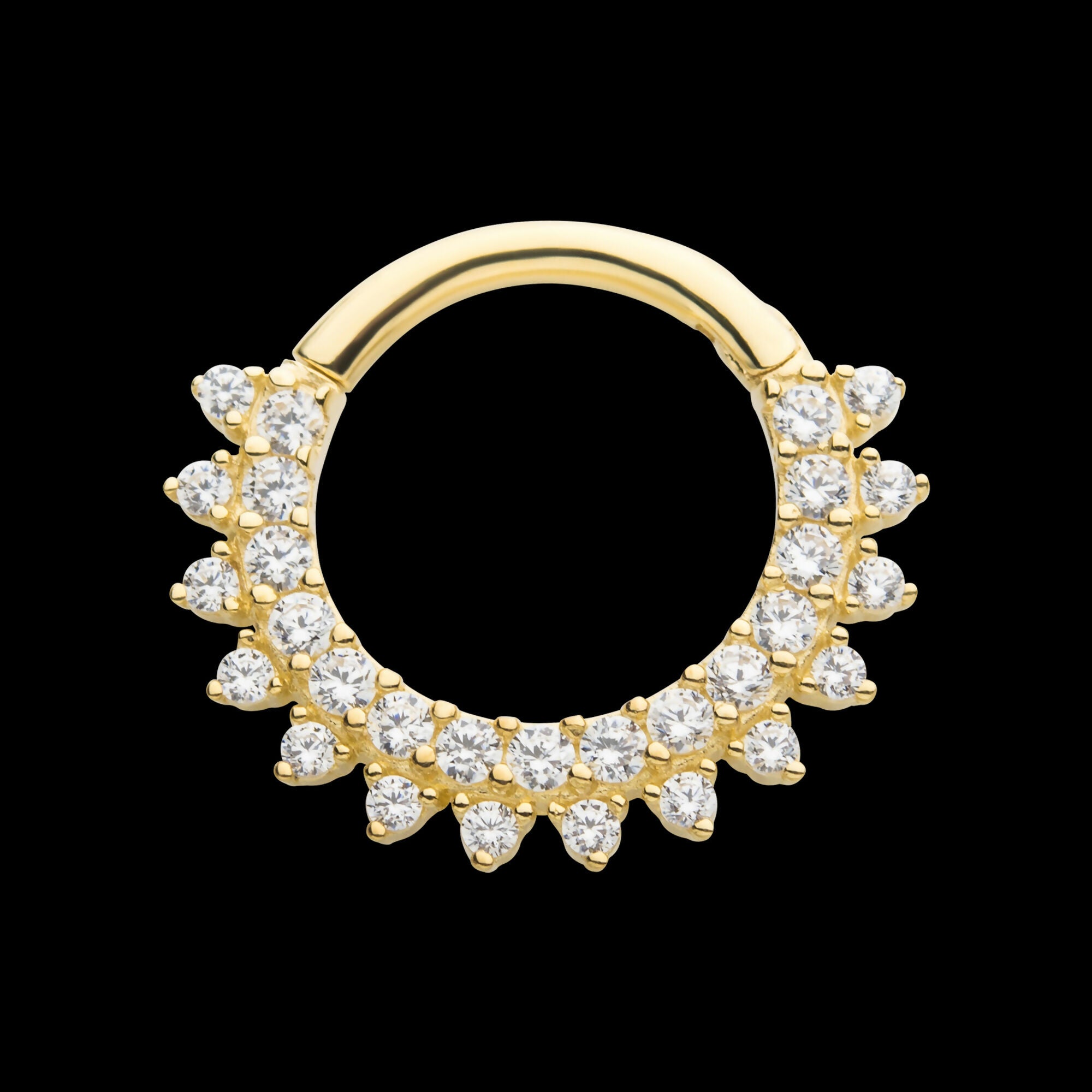 Two Row Prong Set Gem Cluster Front Facing Hinged Segment Clicker Hoop Earring / Nosering – 14Kt White Gold