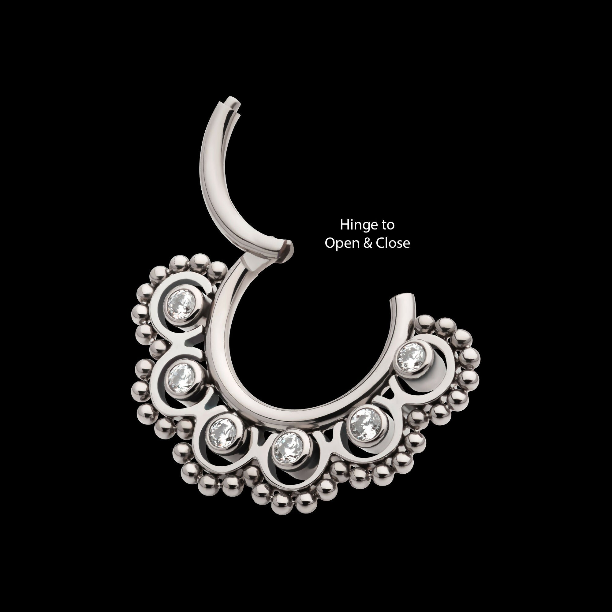Beads & 6-Bezel Set Gem Front Facing Hinged Segment Clicker Hoop Earring / Nosering – Titanium