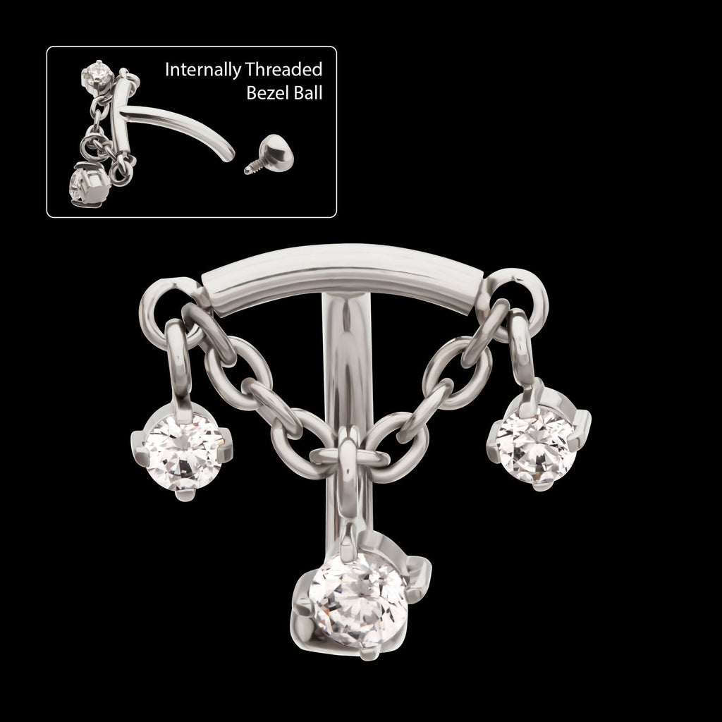 Internally Threaded Fixed Top Curved Barbell with Triple Floating Prong Gem Dangle Earring / Nosering – Titanium