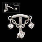 Internally Threaded Fixed Top Curved Barbell with Triple Floating Prong Gem Dangle Earring / Nosering – Titanium