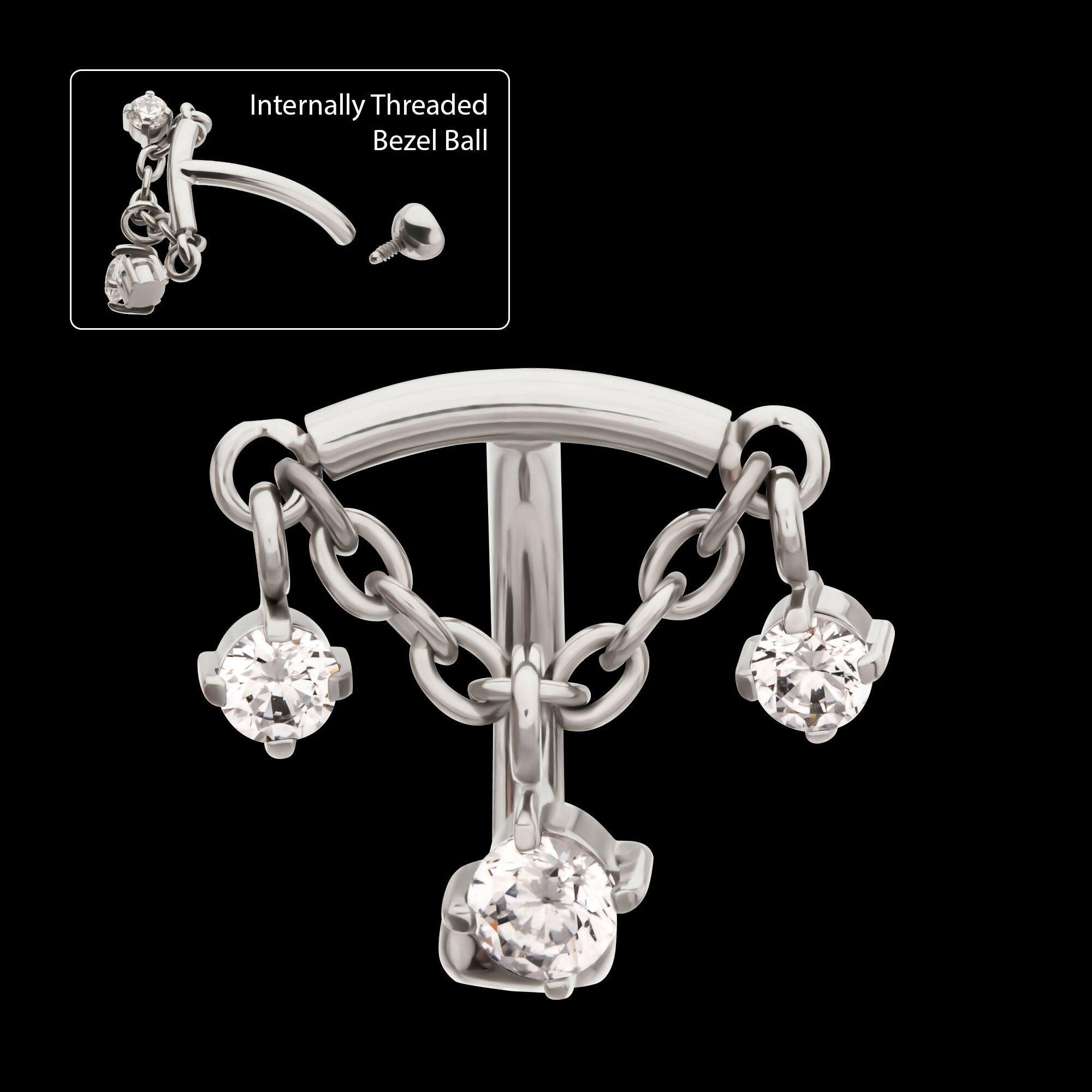 Internally Threaded Fixed Top Curved Barbell with Triple Floating Prong Gem Dangle Earring / Nosering – Titanium