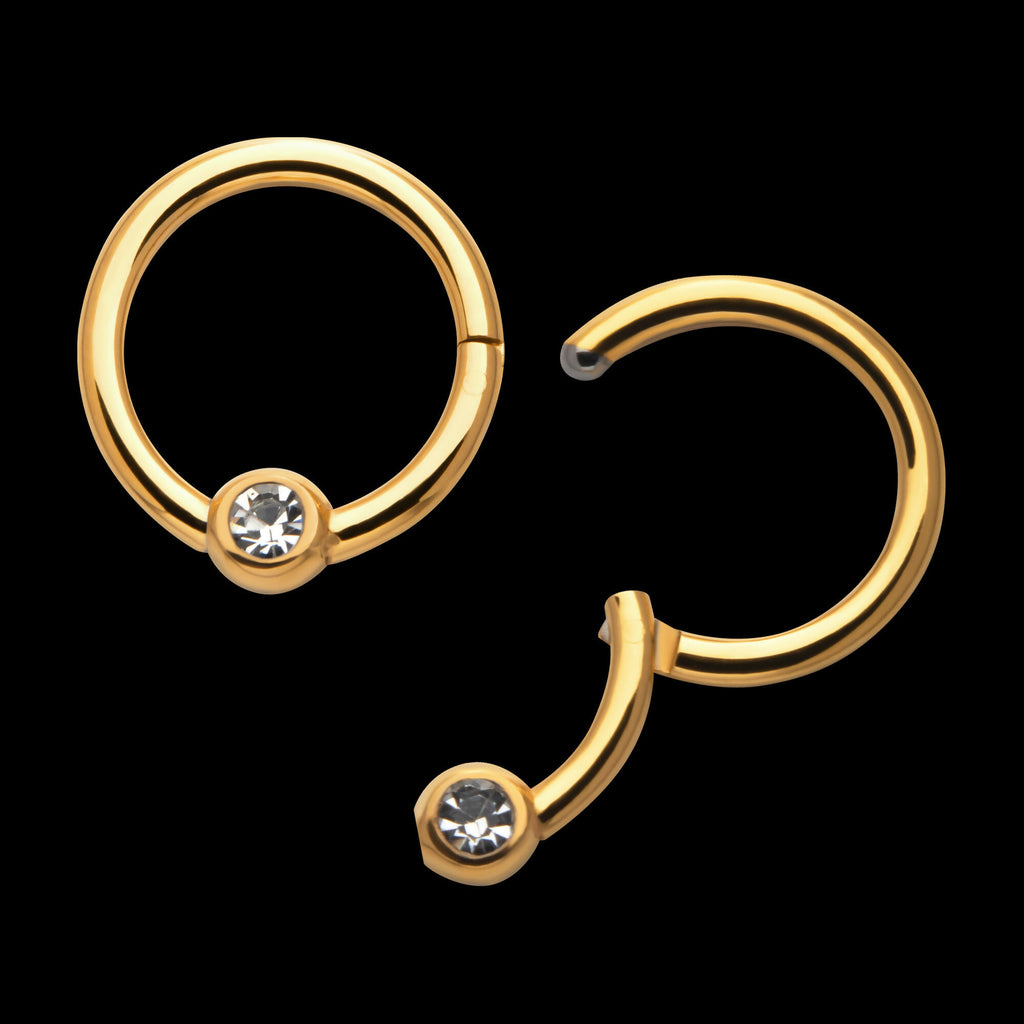 24KT Gold PVD Titanium Bezel Set Clear CZ Hinged Segment Ring Earring / Nosering