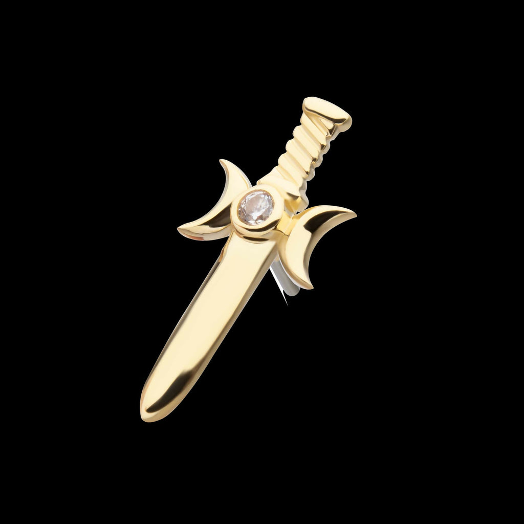 14Kt Yellow Gold Threadless Bezel Set Round CZ Triple Moon Phase Dagger Top