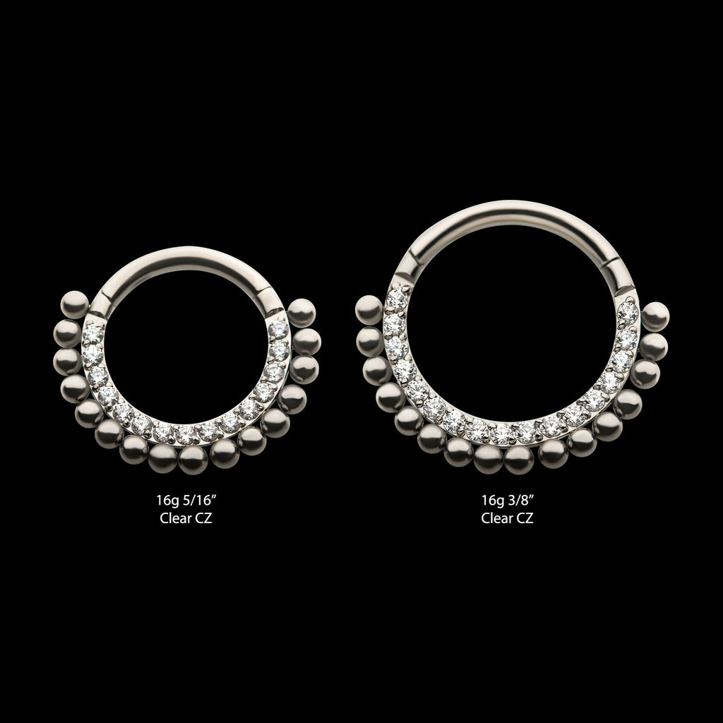 16-Beaded Prong Set Clear CZ Front Facing Hinged Segment Clicker Hoop Earring / Nosering – Titanium