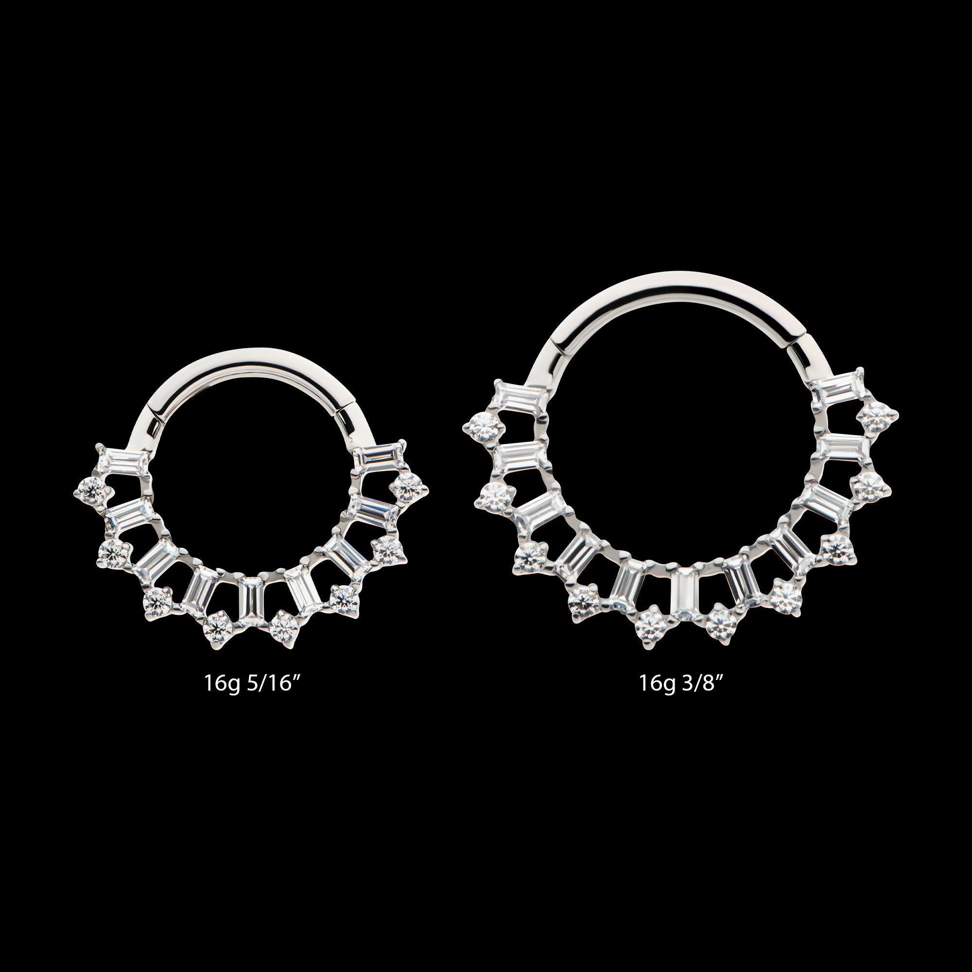 Clustered Prong Set Round & Baguette CZ Front Facing Hinged Segment Clicker Hoop Earring / Nosering – Titanium