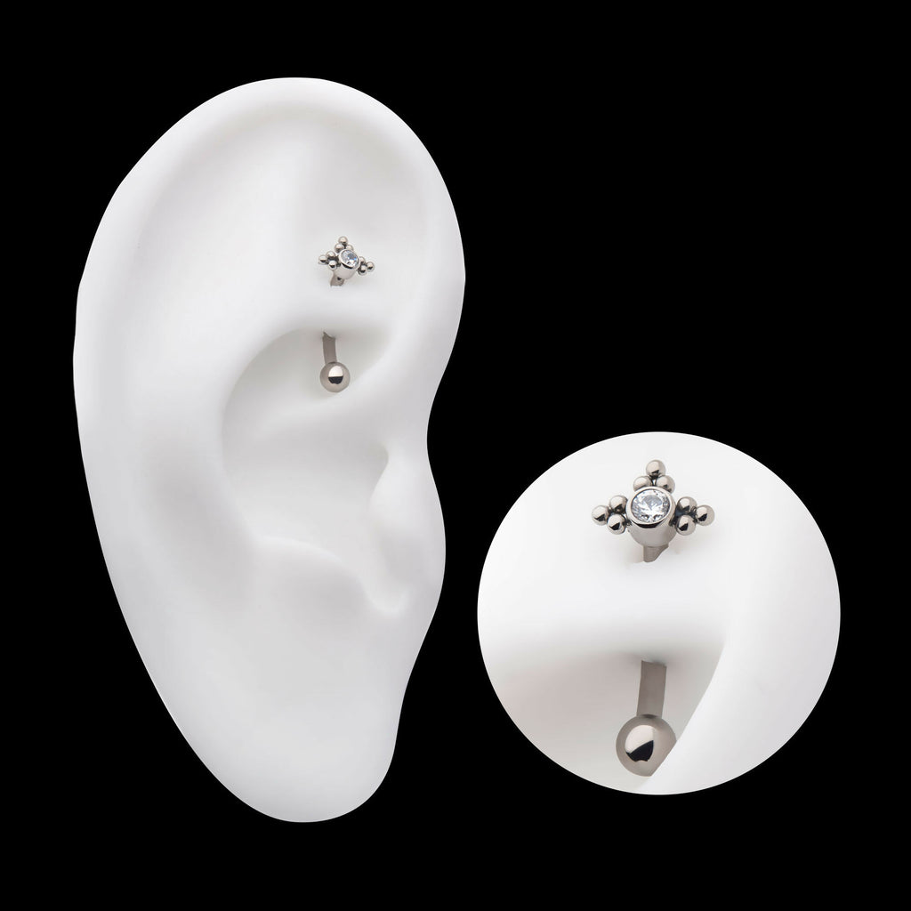 Internally Threaded with Tri Beads Set & Bezel Set Clear AAA CZ Fixed Top Curved Barbell Earring / Nosering – Titanium