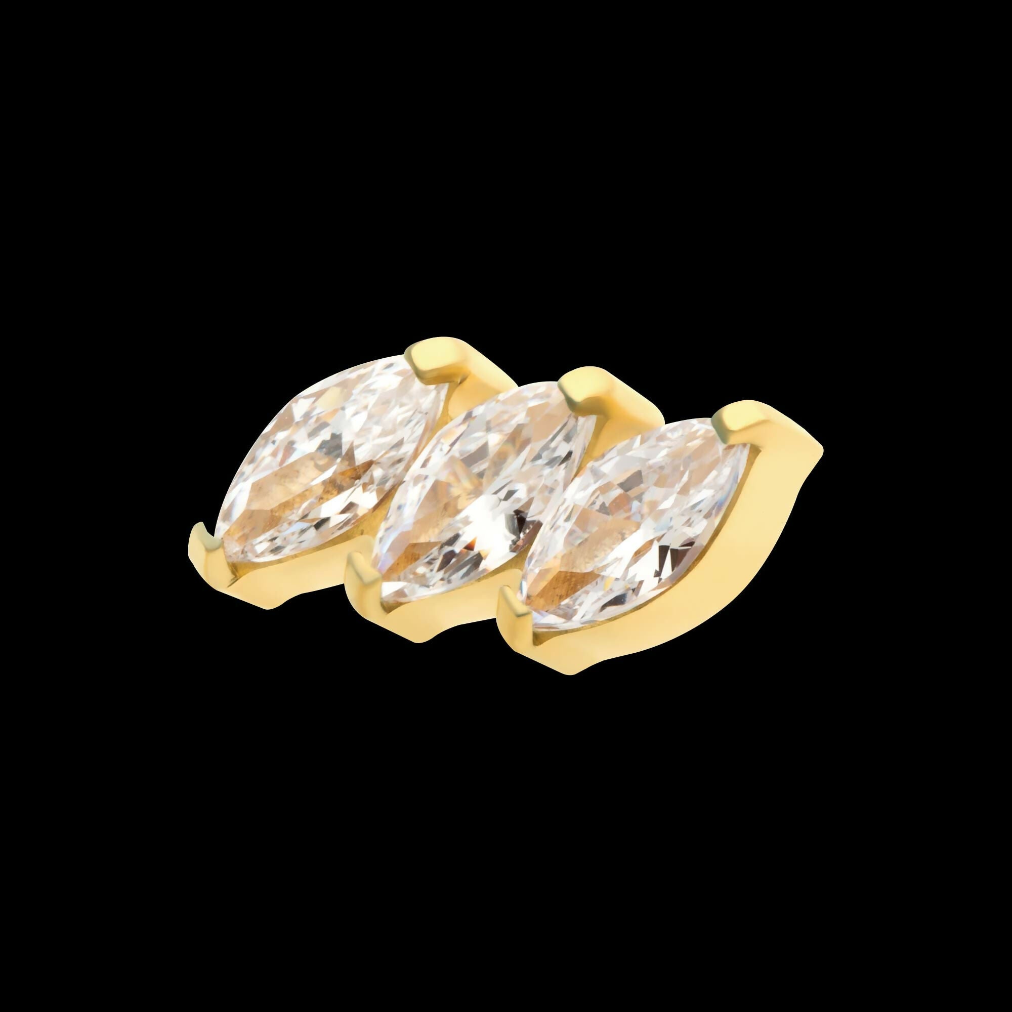 24Kt Gold PVD Titanium Threadless Prong Set Marquise CZ Diagonal 3-Cluster Top