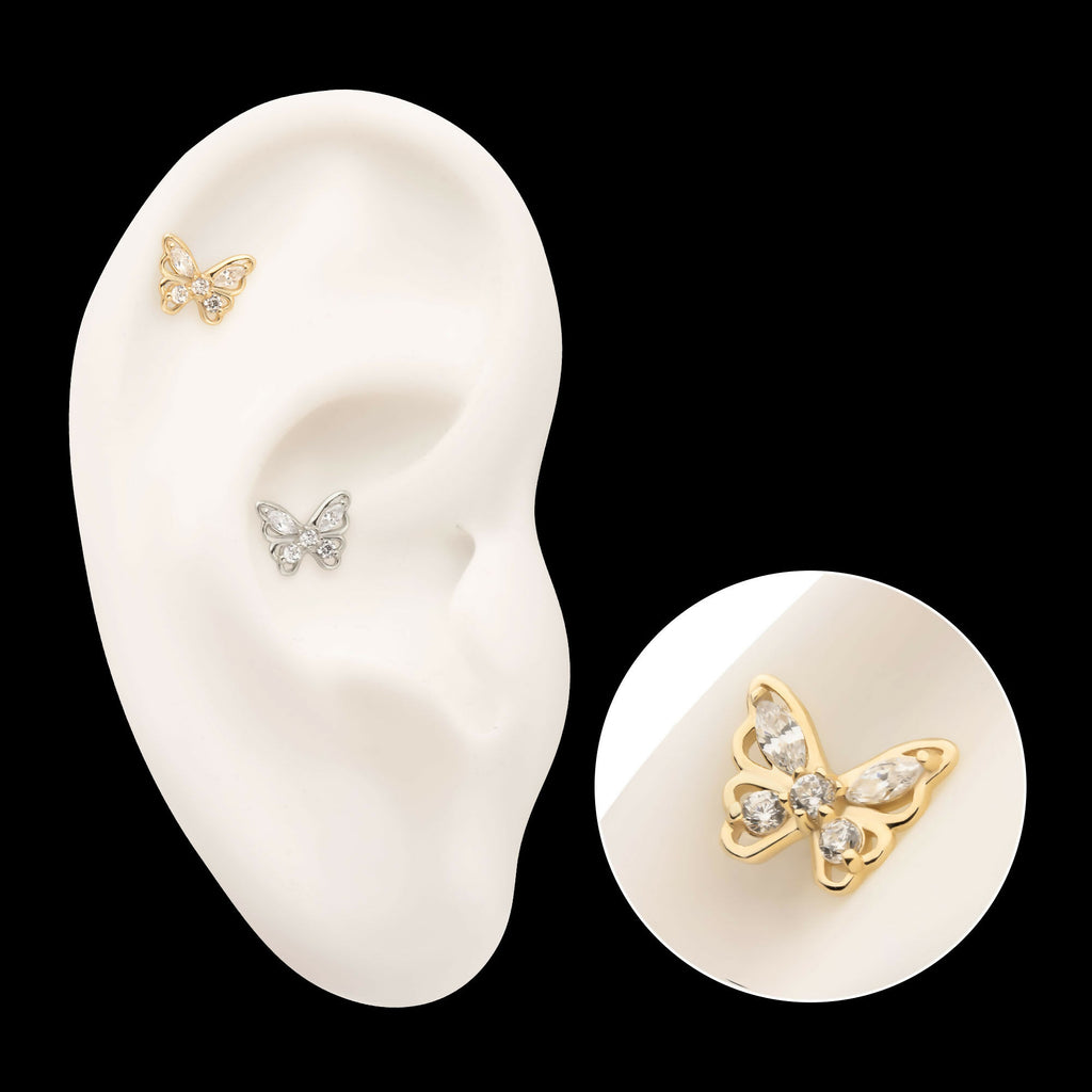 14Kt Gold Threadless 3D Butterfly Round & Marquise Gem Top