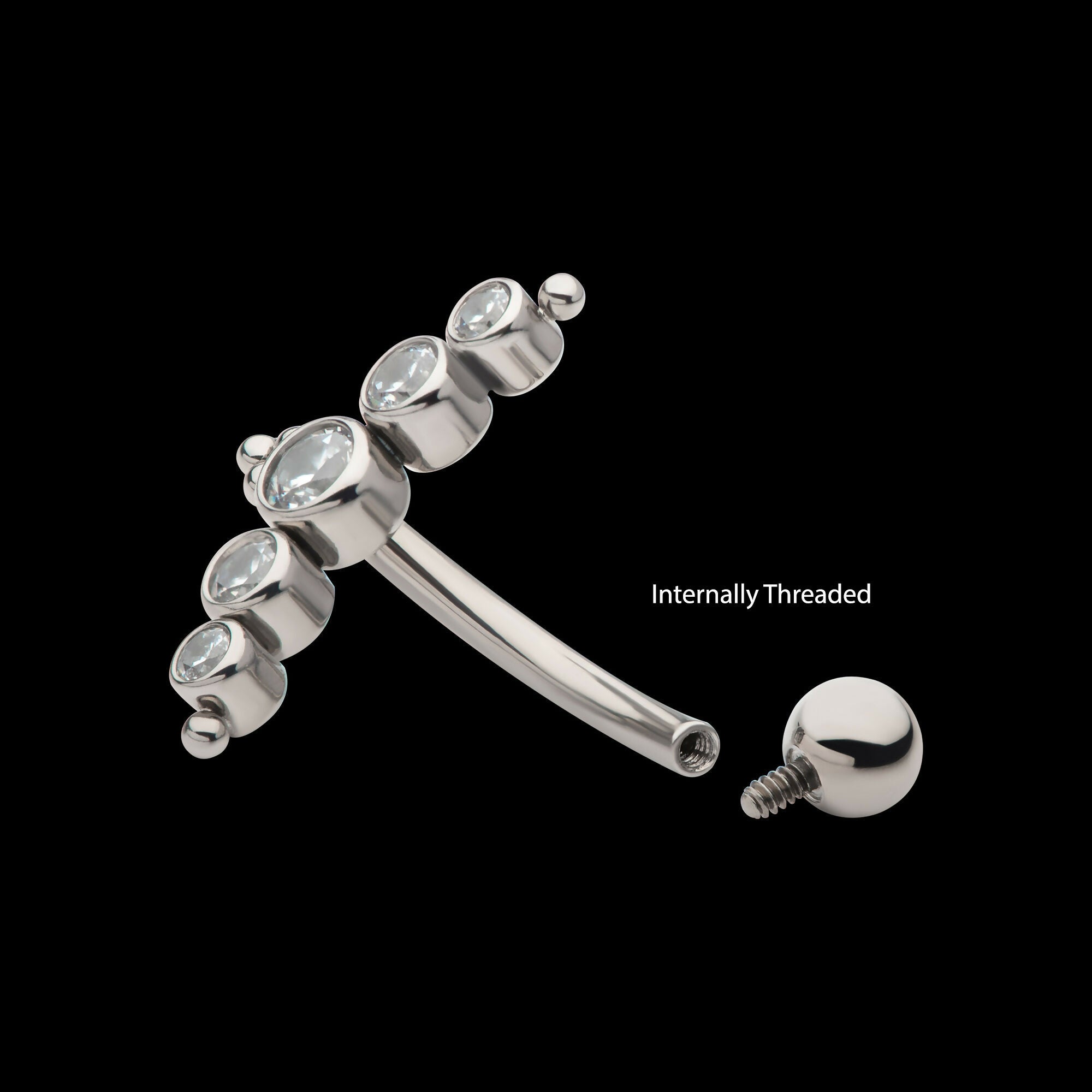 Internally Threaded with Tri Bead & 5-Cluster Bezel Set Clear AAA CZ Fixed Top Curved Barbell Earring / Nosering – Titanium