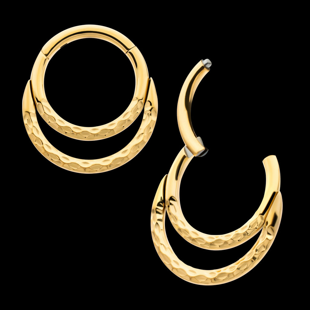 24Kt Gold PVD Titanium Hammered Double Hoop Front Facing Hinged Segment Clicker Earring / Nosering