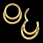 24Kt Gold PVD Titanium Hammered Double Hoop Front Facing Hinged Segment Clicker Earring / Nosering