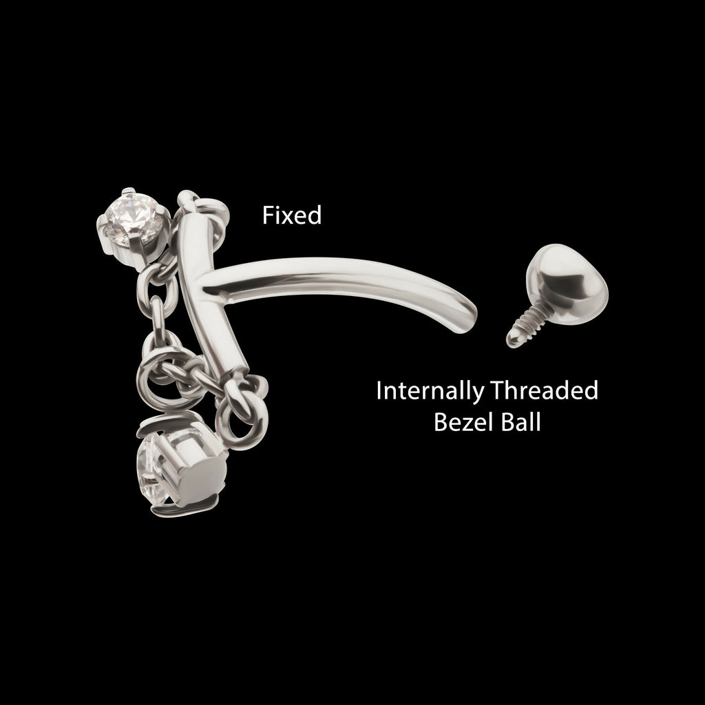 Internally Threaded Fixed Top Curved Barbell with Triple Floating Prong Gem Dangle Earring / Nosering – Titanium
