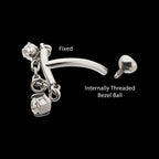 Internally Threaded Fixed Top Curved Barbell with Triple Floating Prong Gem Dangle Earring / Nosering – Titanium