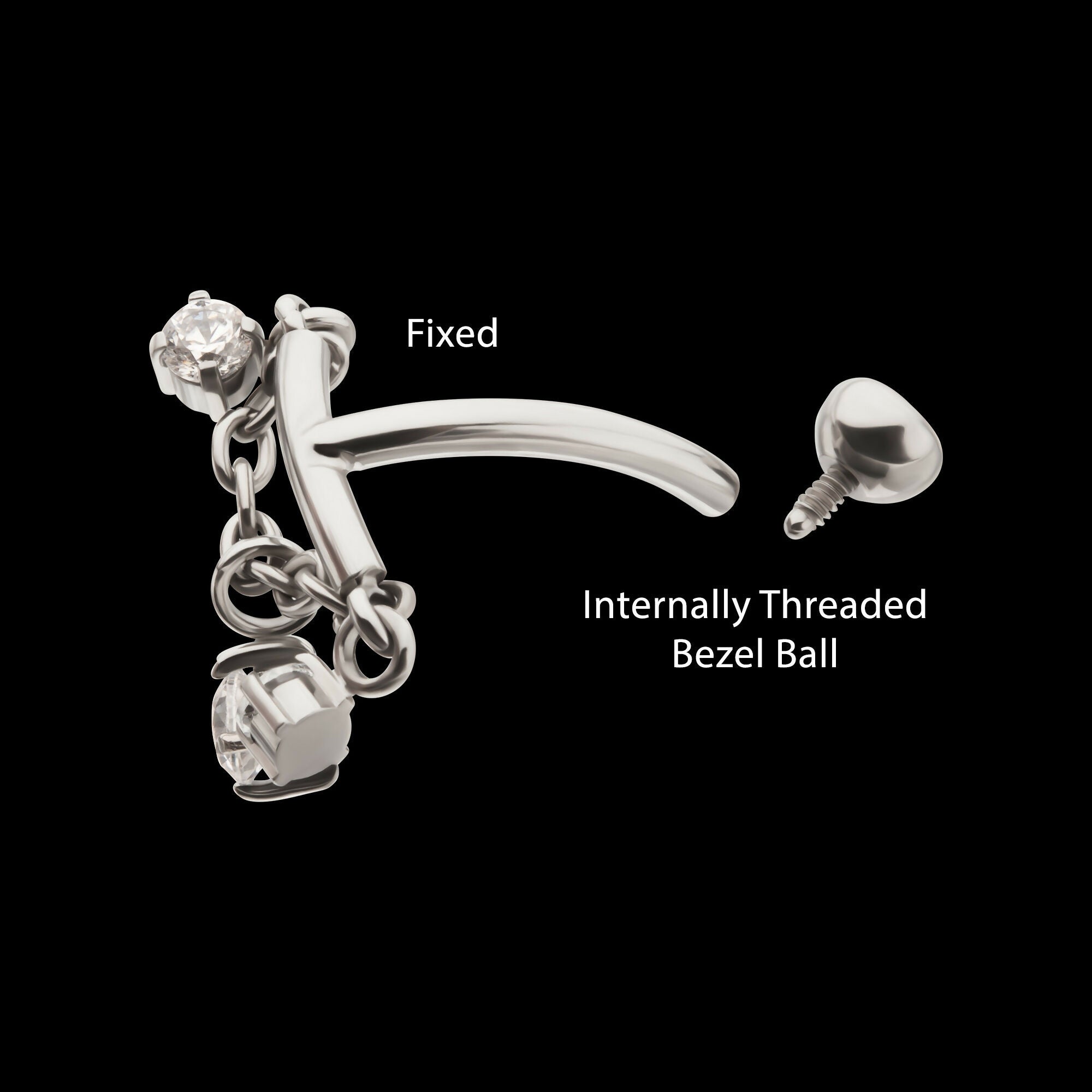 Internally Threaded Fixed Top Curved Barbell with Triple Floating Prong Gem Dangle Earring / Nosering – Titanium