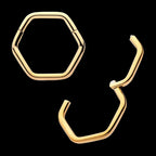 Hexagon Shape 24Kt Gold PVD Titanium Front Facing Hinged Segment Clicker Hoop Earring / Nosering