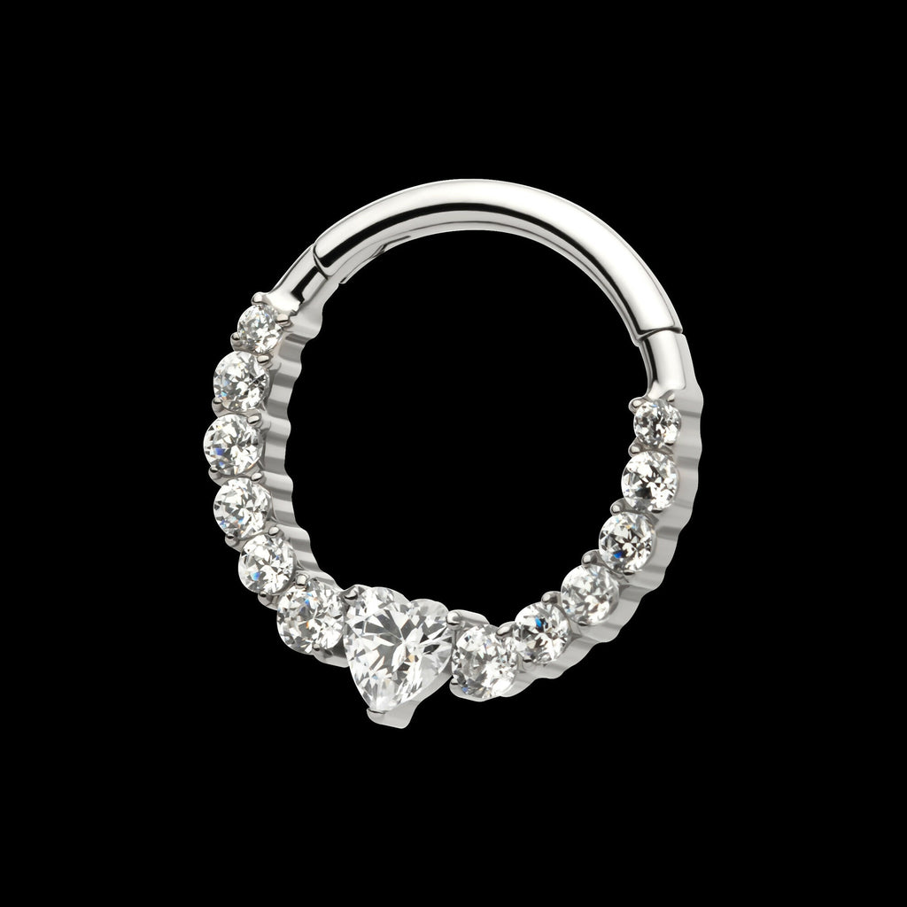 Clustered Prong Set Round CZ with Center Heart CZ Front Facing Hinged Segment Clicker Hoop Earring / Nosering – Titanium