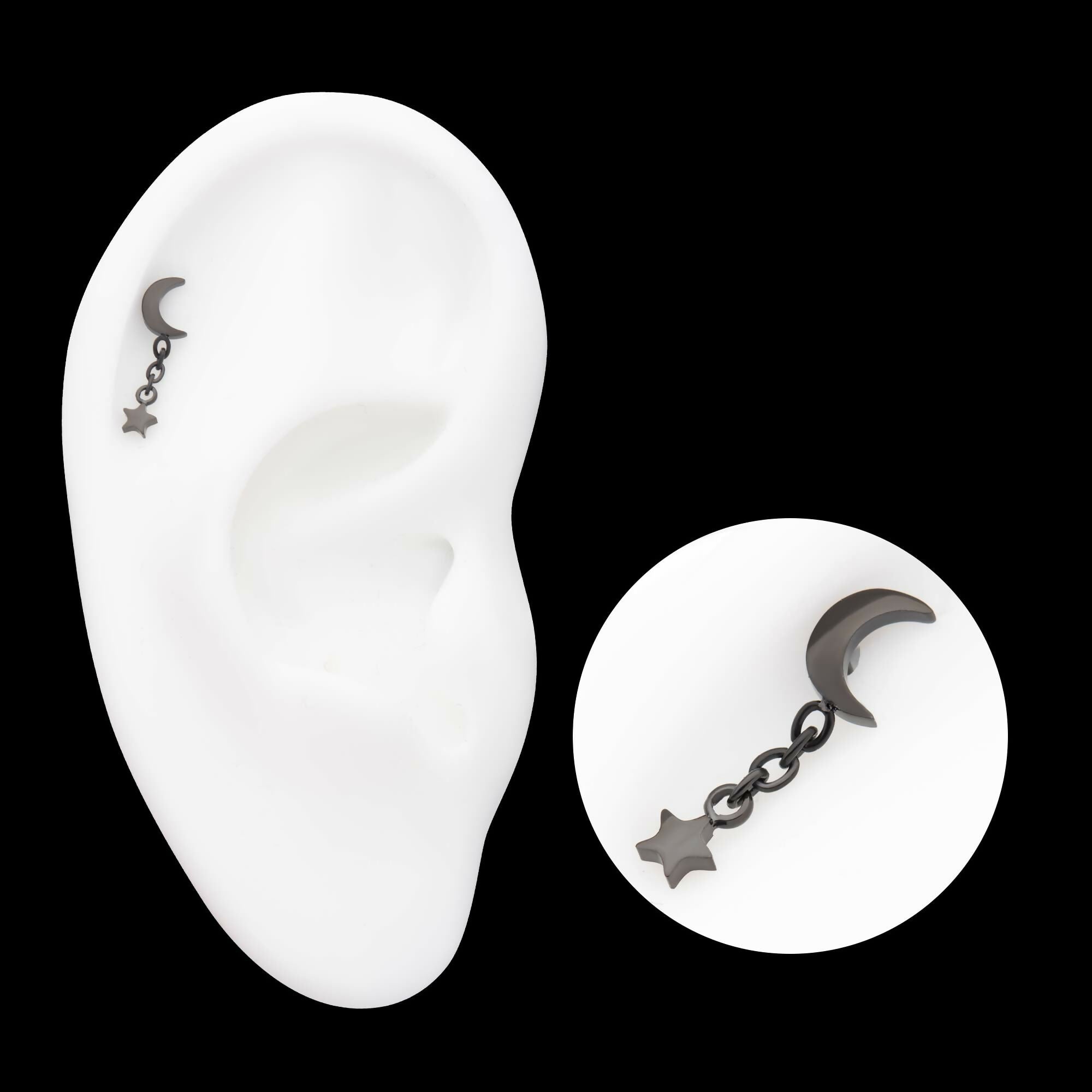 Black PVD Titanium Threadless Crescent Moon Top with Star Dangle