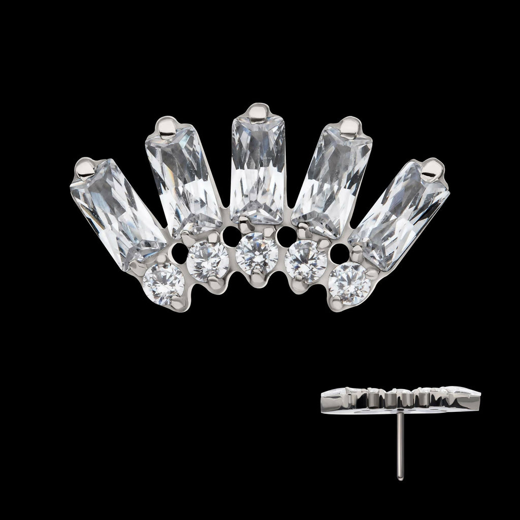 Titanium Threadless Prong Set Baguette & Round Gem Fan Shape 5-Cluster Top