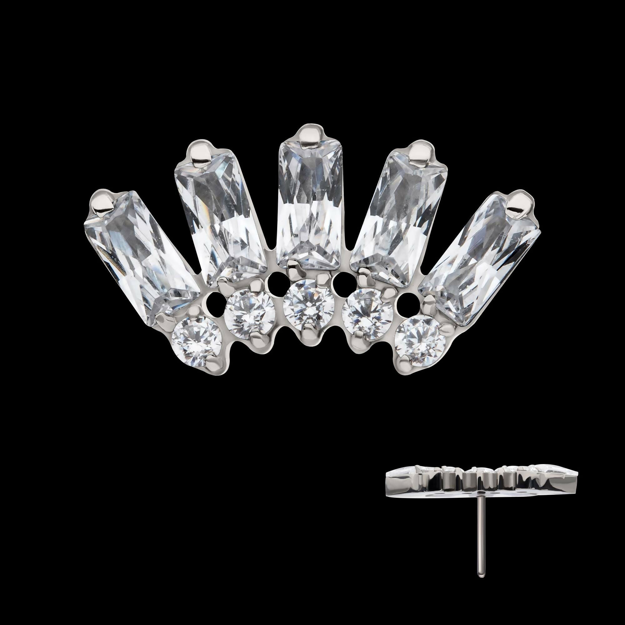 Titanium Threadless Prong Set Baguette & Round Gem Fan Shape 5-Cluster Top