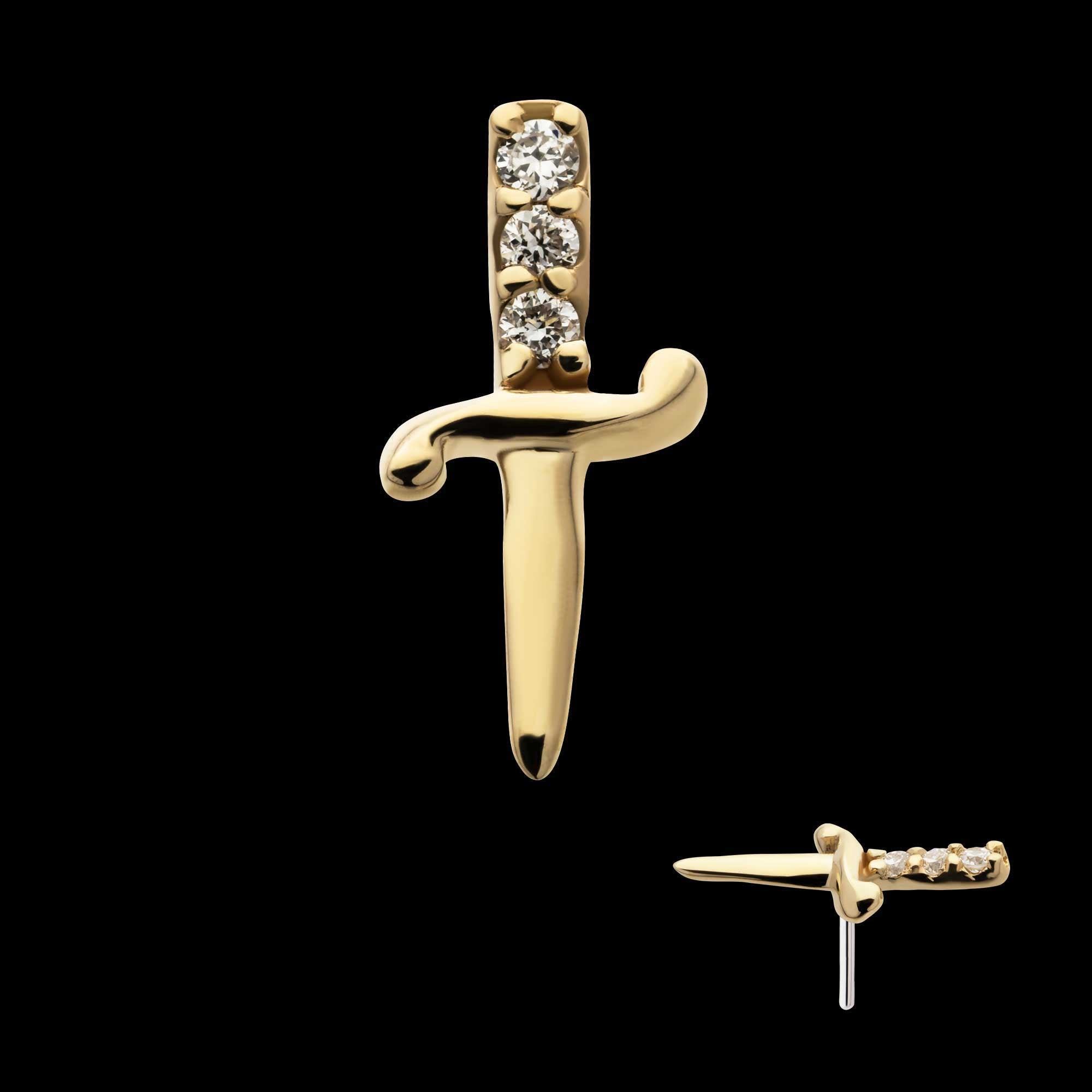 Dagger with 3 Round Lab-Grown Diamonds Flatback Stud Earring / Nosering - Lab-Grown Diamond & Diamond in 14Kt Yellow Gold