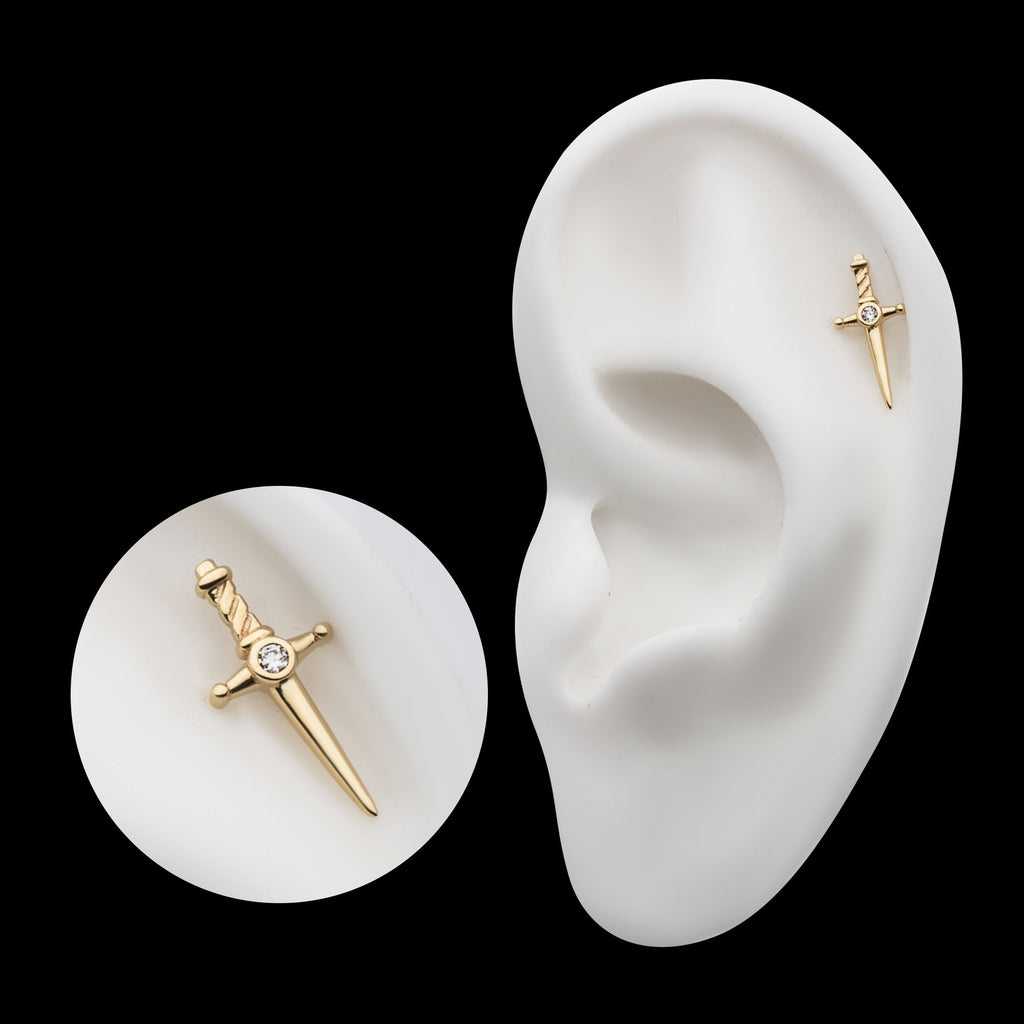 Dagger with Center Bezel Set Round Lab-Grown Diamond Flatback Stud Earring / Nosering - Diamond in 14Kt Yellow Gold