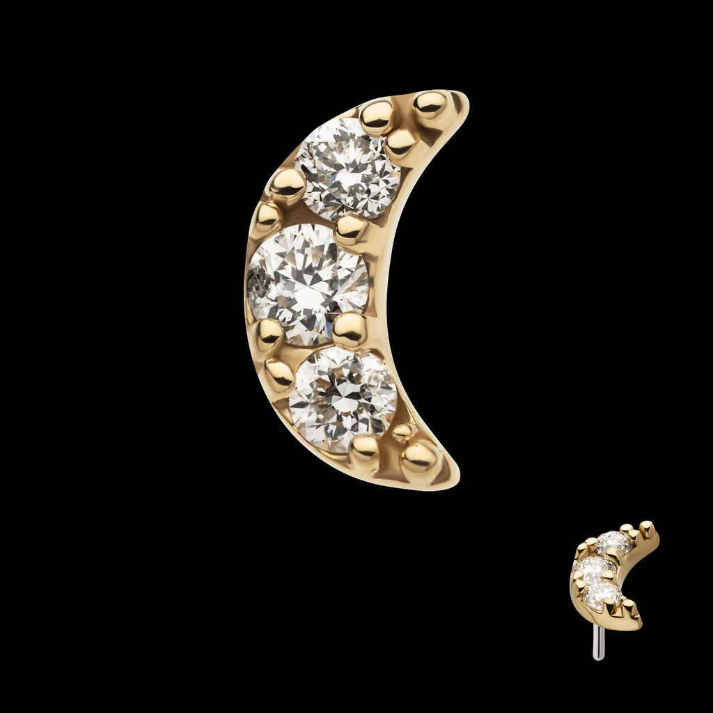 Crescent Moon with Pave Set 3 Round Lab-Grown Diamonds Flatback Stud Earring / Nosering - Lab-Grown Diamond & Diamond in 14Kt Gold