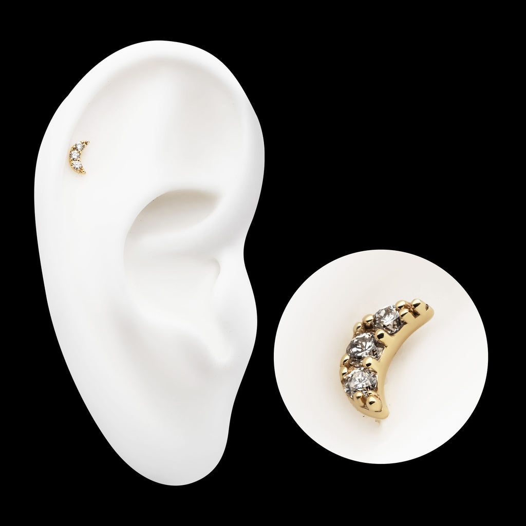 Crescent Moon with Pave Set 3 Round Lab-Grown Diamonds Flatback Stud Earring / Nosering - Lab-Grown Diamond & Diamond in 14Kt Gold