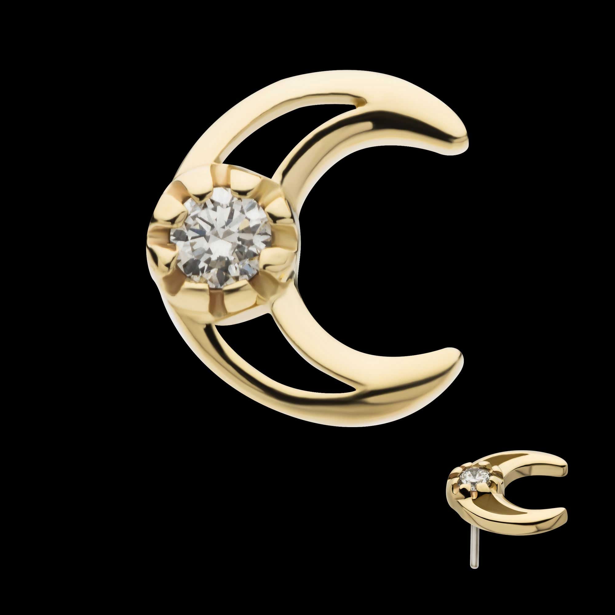 Cut Out Crescent Moon with Center Round Lab-Grown Diamond Flatback Stud Earring / Nosering - Diamond in 14Kt Gold