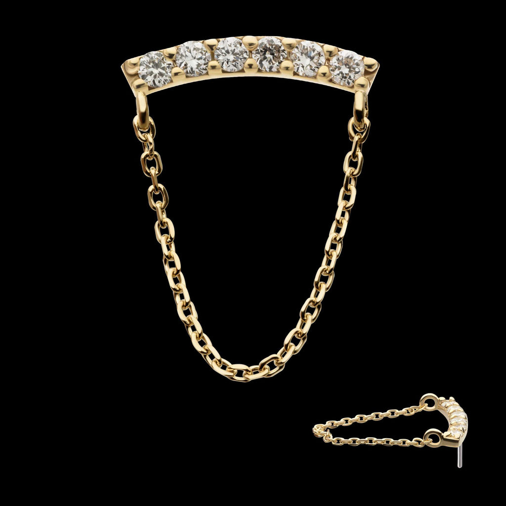 Curved Bar Cluster with Prong Set 6 Round Lab-Grown Diamonds & Dangle Chain Flatback Stud Earring / Nosering - Lab-Grown Diamond & Diamond in 14Kt Yellow Gold