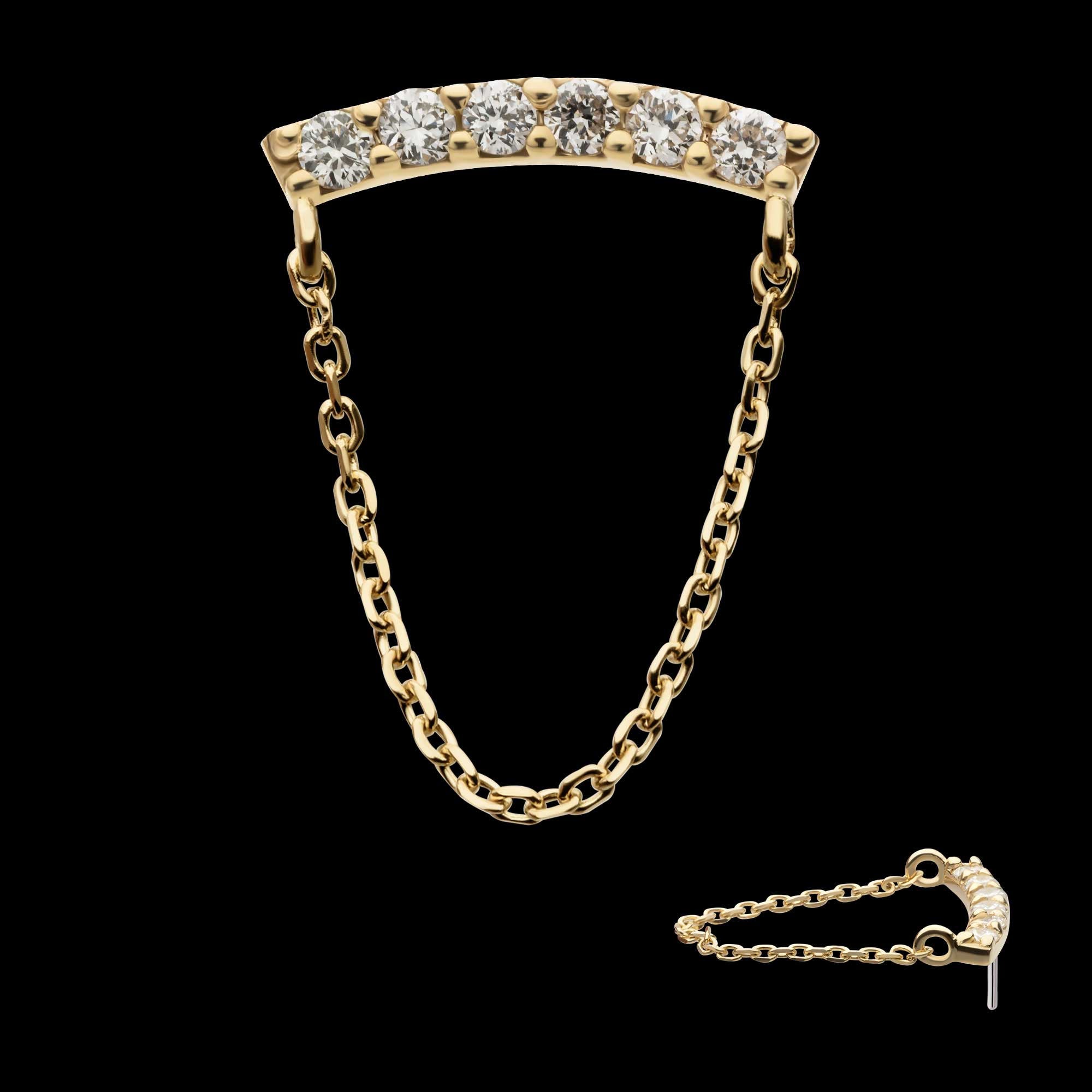 Curved Bar Cluster with Prong Set 6 Round Lab-Grown Diamonds & Dangle Chain Flatback Stud Earring / Nosering - Lab-Grown Diamond & Diamond in 14Kt Yellow Gold