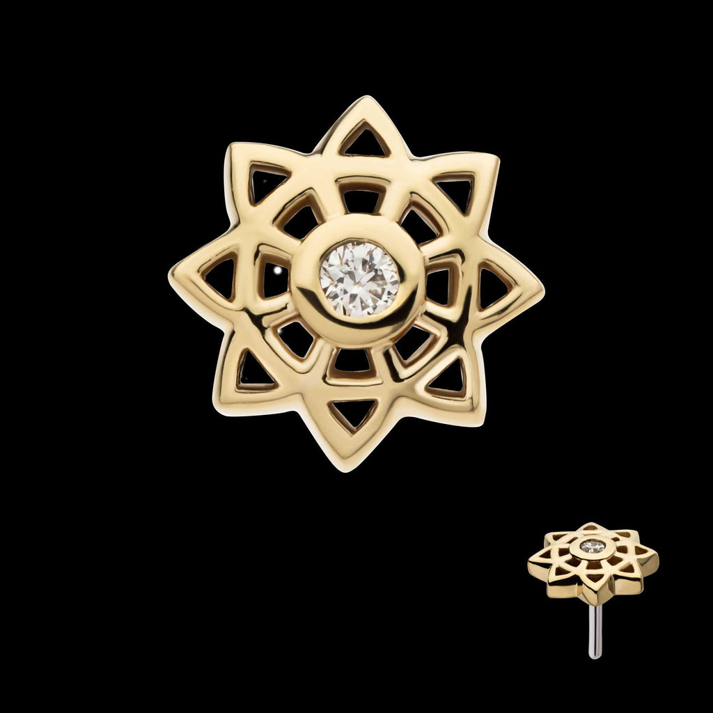 Mandala Flower with Center Bezel Set Round Lab-Grown Diamond Flatback Stud Earring / Nosering - Diamond in 14Kt Yellow Gold