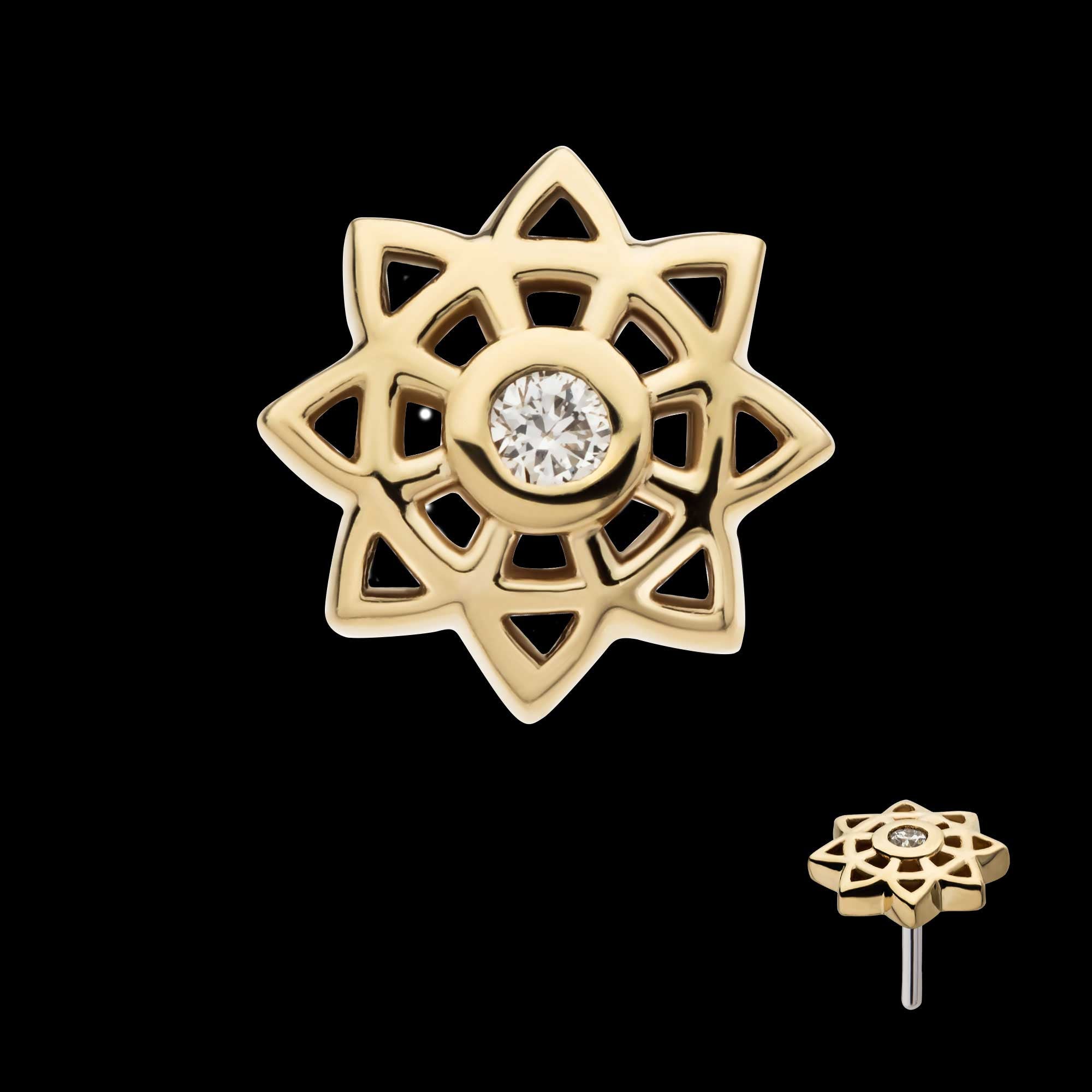 Mandala Flower with Center Bezel Set Round Lab-Grown Diamond Flatback Stud Earring / Nosering - Diamond in 14Kt Yellow Gold