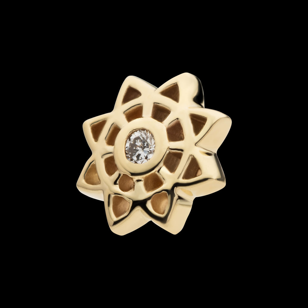 Mandala Flower with Center Bezel Set Round Lab-Grown Diamond Flatback Stud Earring / Nosering - Diamond in 14Kt Yellow Gold