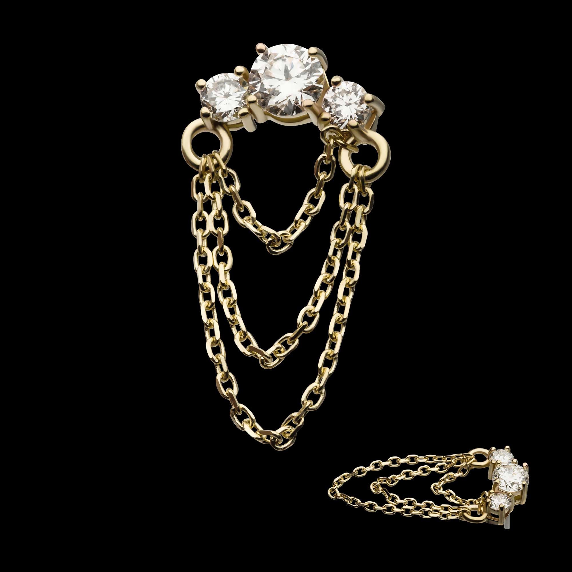 Prong Set 3 Cluster Round Lab-Grown Diamonds with Triple Dangle Chain Flatback Stud Earring / Nosering - Lab-Grown Diamond & Diamond in 14Kt Yellow Gold