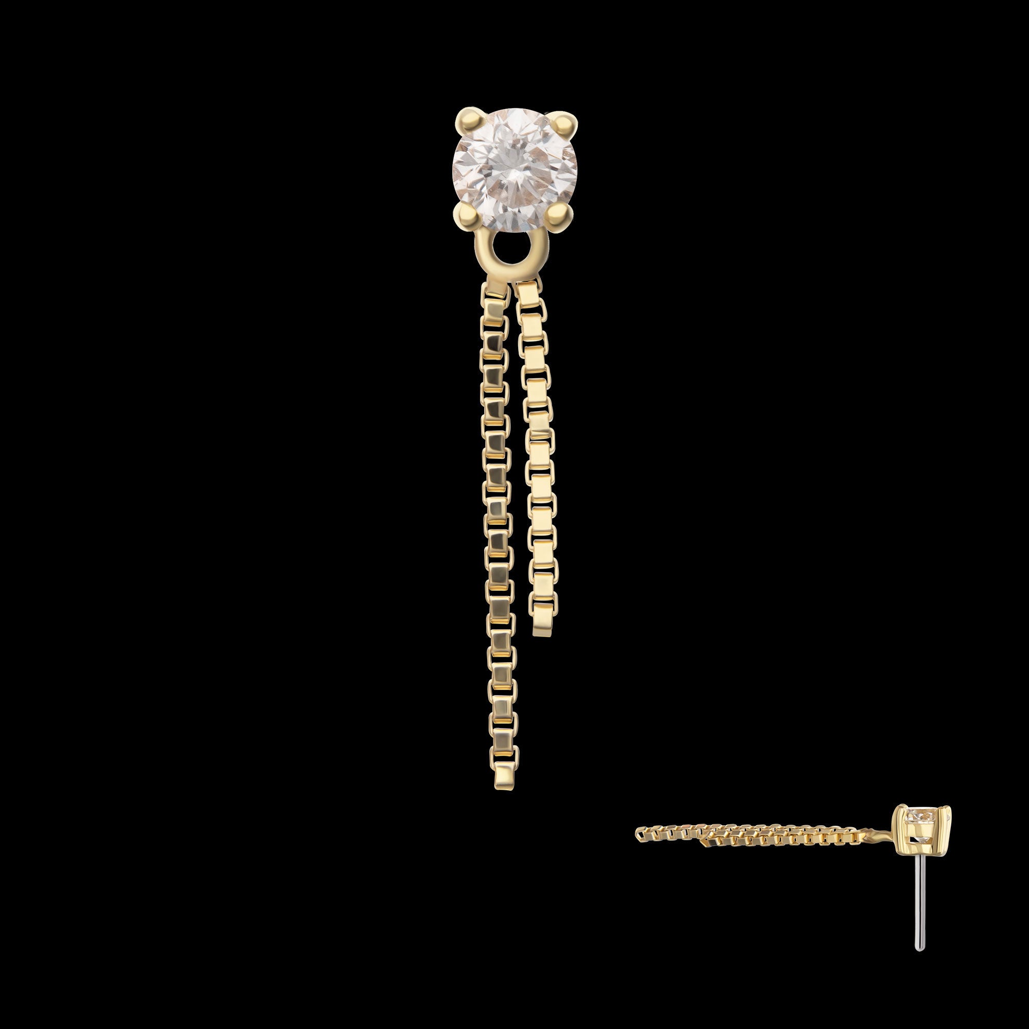 Prong Set Lab-Grown Diamond with 2 Box Chain Dangle Flatback Stud Earring / Nosering - Diamond in 14Kt Yellow Gold