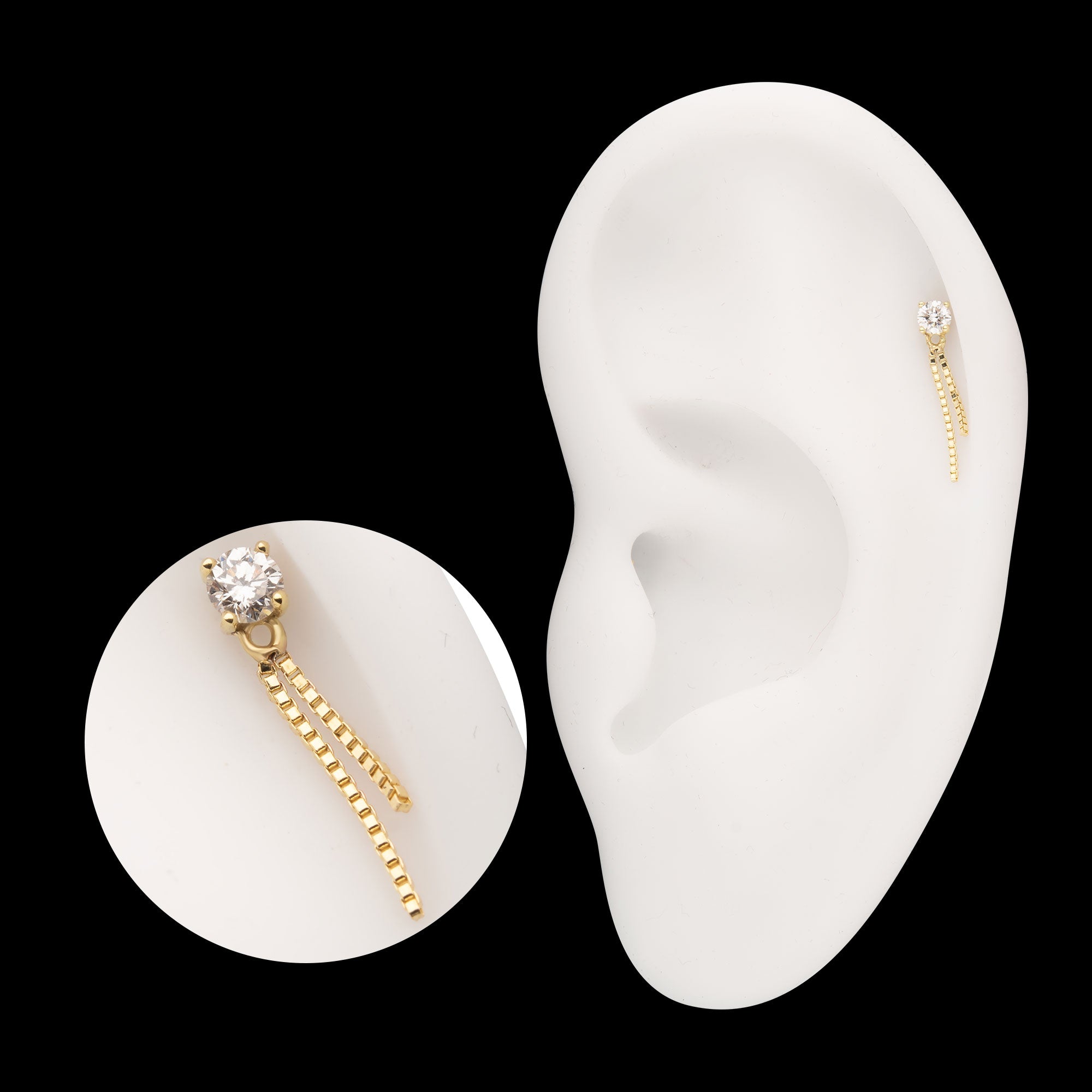Prong Set Lab-Grown Diamond with 2 Box Chain Dangle Flatback Stud Earring / Nosering - Diamond in 14Kt Yellow Gold