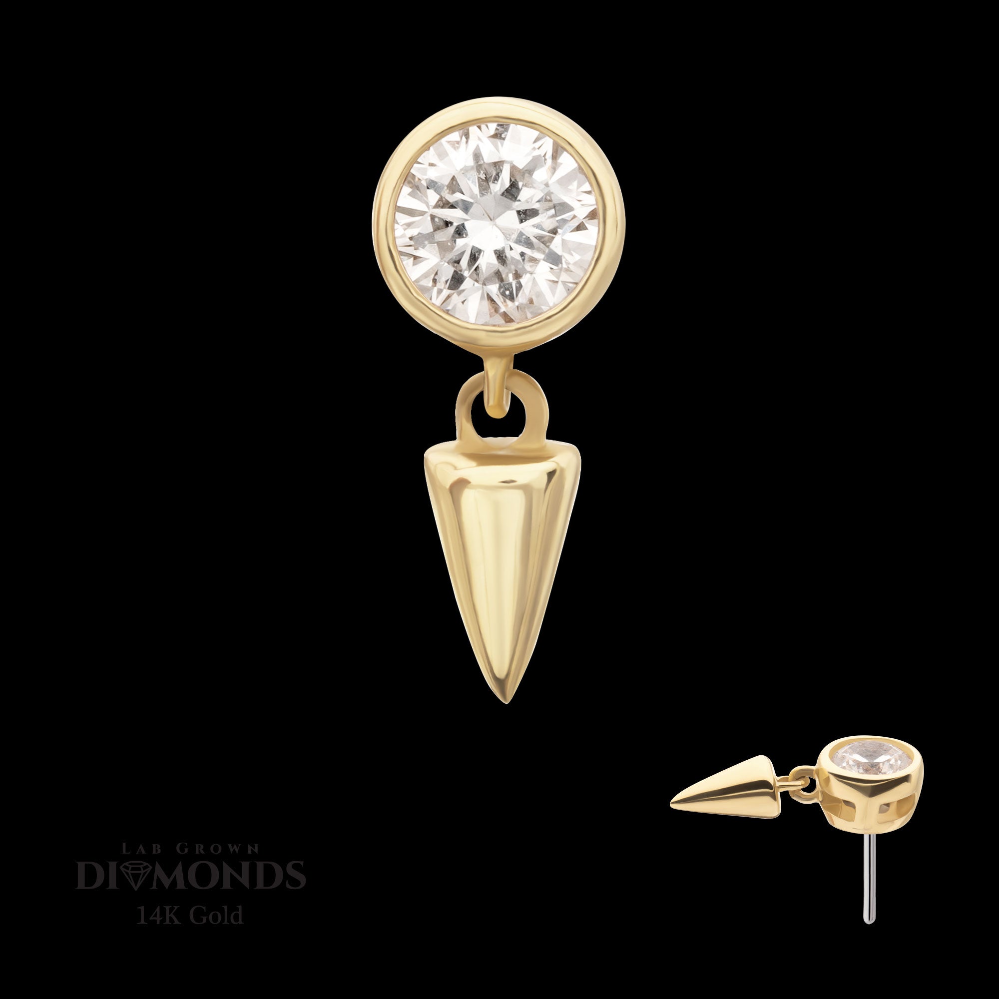 Bezel Round Lab-Grown Diamond with Spike Dangle Flatback Stud Earring / Nosering - Diamond in 14Kt Gold
