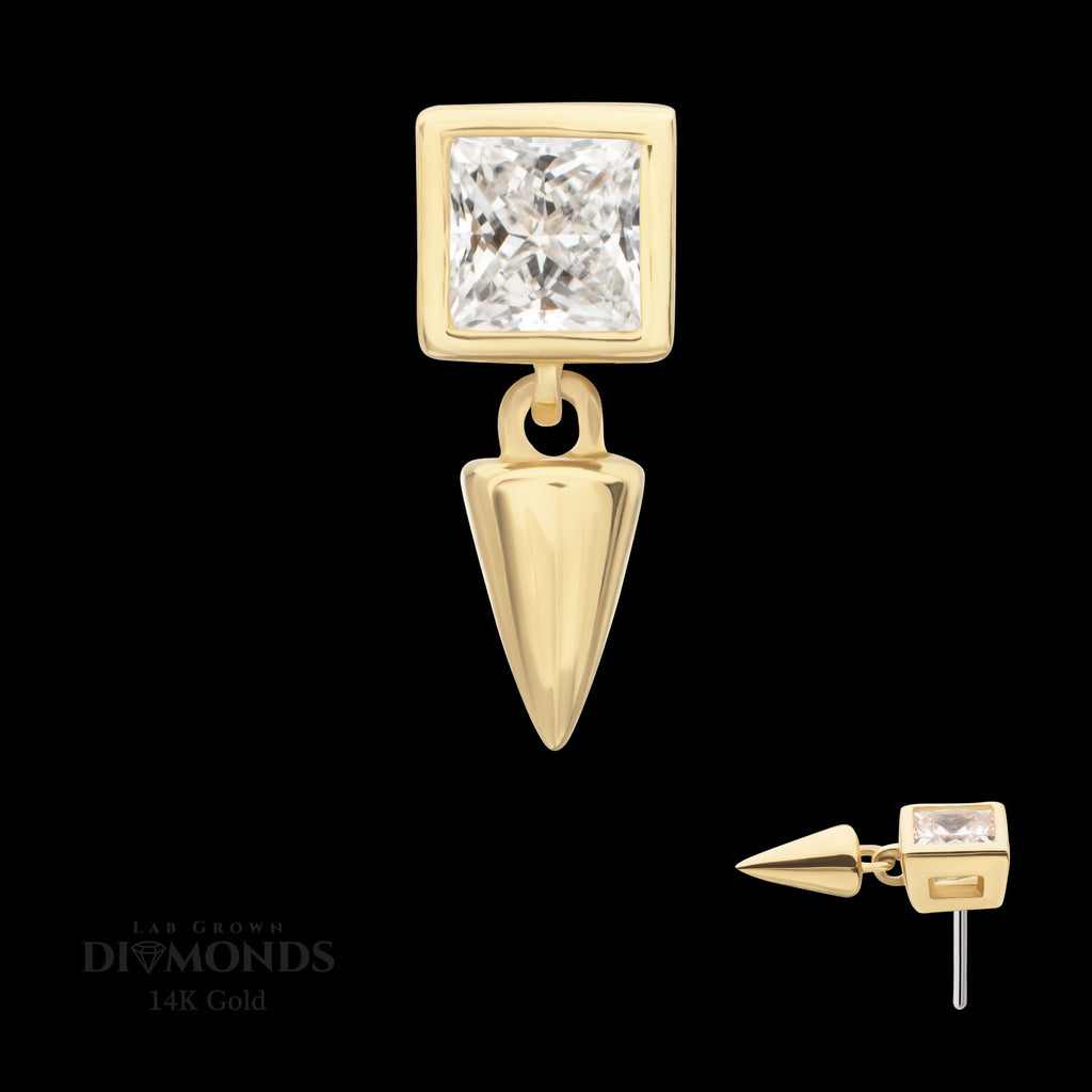 Bezel Princess Cut Lab-Grown Diamond with Spike Dangle Flatback Stud Earring / Nosering - Diamond in 14Kt Gold