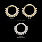 Two Row Prong Set Gem Cluster Front Facing Hinged Segment Clicker Hoop Earring / Nosering – 14Kt White Gold
