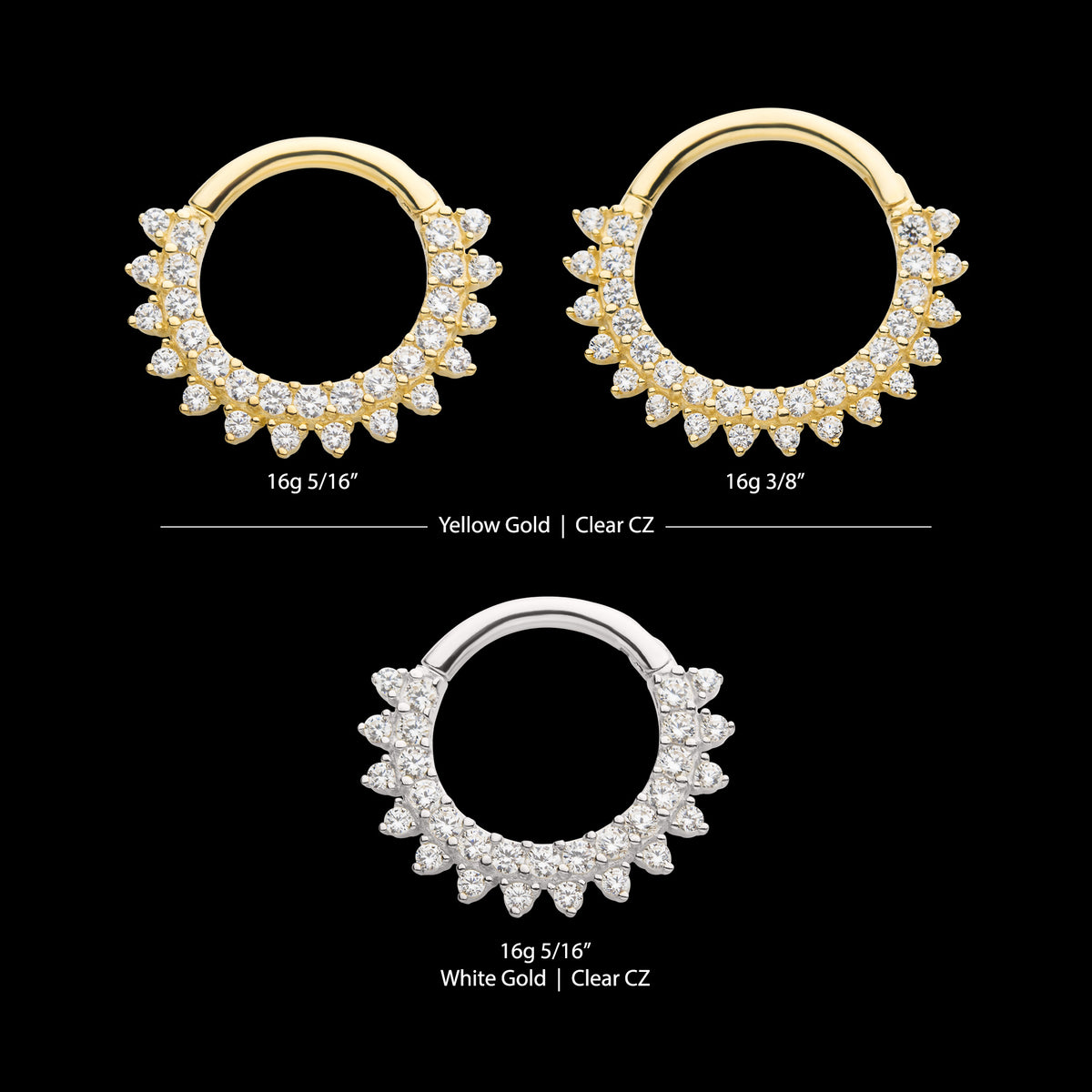 Two Row Prong Set Gem Cluster Front Facing Hinged Segment Clicker Hoop Earring / Nosering – 14Kt White Gold